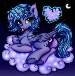 Size: 2600x2650 | Tagged: safe, artist:mite-lime, artist:mite_lime, derpibooru import, princess luna, alicorn, pony, alternate hairstyle, butt, chest fluff, cloud, cute, ear fluff, female, filly, levitation, looking at you, lunabetes, magic, mare, moon, moonbutt, night, prone, sky, solo, starry night, stars, telekinesis, tongue out, woona, younger