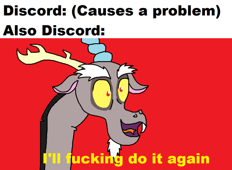 Size: 1049x770 | Tagged: artist:logan jones, derpibooru import, discord, draconequus, goofy, i'll fucking do it again, male, meme, ponified meme, red background, safe, simple background, solo, text, vulgar