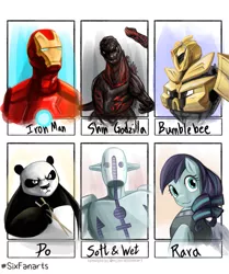 Size: 1005x1200 | Tagged: safe, artist:chopchopguy, derpibooru import, coloratura, bear, earth pony, kaiju, panda, six fanarts, bumblebee, female, godzilla, godzilla (series), iron man, jojolion, jojo's bizarre adventure, kung fu panda, mare, marvel, marvel comics, po, rara, shin godzilla, soft & wet, stand, transformers