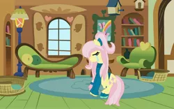 Size: 3000x1876 | Tagged: safe, alternate version, artist:melimoo2000, derpibooru import, fluttershy, pegasus, pony, alternate hairstyle, alternate universe, bow, braid, clothes, crying, cutie mark, ear fluff, fluttershy's cottage, hair bow, sad, shoes, solo, sweater, tied mane, two toned mane, two toned tail, wings