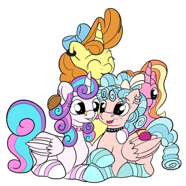 Size: 1900x1900 | Tagged: safe, artist:appleneedle, artist:icey-wicey-1517, color edit, derpibooru import, edit, cozy glow, luster dawn, princess flurry heart, pumpkin cake, alicorn, pegasus, pony, unicorn, alternate hairstyle, bow, choker, clothes, collaboration, colored, cozyheart, ear piercing, earring, eyes closed, female, flurry heart gets all the mares, flurrydawn, freckles, grin, hair bow, hug, jewelry, lesbian, mare, nose piercing, nose ring, older, older cozy glow, older flurry heart, older pumpkin cake, open mouth, piercing, polyamory, pumpkin heart, shipping, simple background, sitting, smiling, socks, striped socks, transparent background