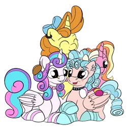 Size: 1900x1900 | Tagged: safe, artist:appleneedle, artist:icey-wicey-1517, color edit, derpibooru import, edit, cozy glow, luster dawn, princess flurry heart, pumpkin cake, alicorn, pegasus, pony, unicorn, alternate hairstyle, bow, choker, clothes, collaboration, colored, cozyheart, ear piercing, earring, eyes closed, female, flurry heart gets all the mares, flurrydawn, freckles, grin, hair bow, hug, jewelry, lesbian, mare, nose piercing, nose ring, older, older cozy glow, older flurry heart, older pumpkin cake, open mouth, piercing, polyamory, pumpkin heart, shipping, simple background, sitting, smiling, socks, striped socks, transparent background