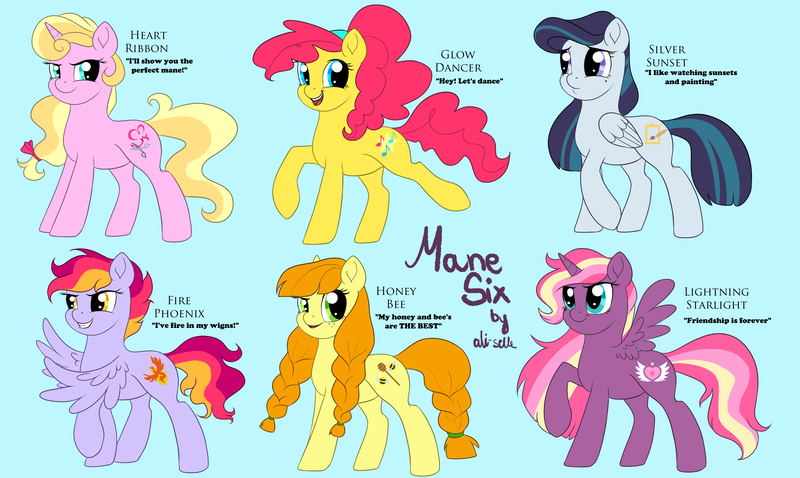 Size: 3594x2148 | Tagged: safe, artist:ali-selle, derpibooru import, oc, oc:lightning starlight, unofficial characters only, alicorn, earth pony, pegasus, pony, unicorn, alternate mane six, blue background, design, group, multiple characters, simple background