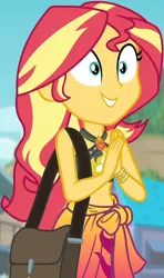 Size: 550x928 | Tagged: safe, derpibooru import, screencap, sunset shimmer, equestria girls, equestria girls series, forgotten friendship, belly button, bikini, bikini top, blurred background, building, cliff, clothes, cloud, cropped, cute, female, forest background, geode of empathy, gold, hands together, jewelry, magical geodes, midriff, necklace, outdoors, sarong, shimmerbetes, shoulder bag, sky, sleeveless, smiling, solo, sun, swimsuit, wristband