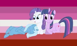 Size: 1575x945 | Tagged: artist:krzykelly, derpibooru import, edit, female, lesbian, lesbian pride flag, lesbian visibility day, polyamory, pride, pride flag, rarilight, rarity, rarixie, safe, shipping, trixie, twilight sparkle, twixie, twixity