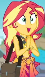 Size: 536x925 | Tagged: safe, derpibooru import, screencap, sunset shimmer, equestria girls, equestria girls series, forgotten friendship, belly button, bikini, bikini top, blurred background, building, cliff, clothes, cloud, cropped, cute, female, forest background, geode of empathy, hands together, jewelry, magical geodes, midriff, necklace, sarong, shimmerbetes, shoulder bag, sky, sleeveless, smiling, solo, sun, swimsuit