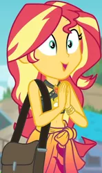 Size: 546x923 | Tagged: safe, derpibooru import, screencap, sunset shimmer, equestria girls, equestria girls series, belly button, bikini, bikini top, blurred background, building, cliff, clothes, cloud, cropped, cute, female, forest background, geode of empathy, hands together, jewelry, magical geodes, midriff, necklace, sarong, shimmerbetes, shoulder bag, sky, sleeveless, smiling, solo, sun, swimsuit