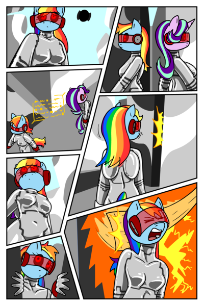 Size: 1200x1800 | Tagged: ambush, anthro, artist:shennanigma, board, breasts, busty rainbow dash, busty starlight glimmer, comic, comic:secrets of the collective, covered wings, derpibooru import, drone, fetish, latex, latex suit, mind control, pain, rainbow dash, red eyes, rubber, rubber drone, rubber suit, shiny, starlight glimmer, suggestive, visor