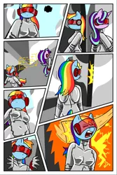 Size: 1200x1800 | Tagged: ambush, anthro, artist:shennanigma, board, breasts, busty rainbow dash, busty starlight glimmer, comic, comic:secrets of the collective, covered wings, derpibooru import, drone, fetish, latex, latex suit, mind control, pain, rainbow dash, red eyes, rubber, rubber drone, rubber suit, shiny, starlight glimmer, suggestive, visor