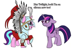 Size: 900x605 | Tagged: safe, artist:boi_slam, artist:slamjam, derpibooru import, starlight glimmer, twilight sparkle, twilight sparkle (alicorn), alicorn, pony, unicorn, armor, floppy ears, historical roleplay starlight, simple background, spear, text, weapon, white background, winged hussar
