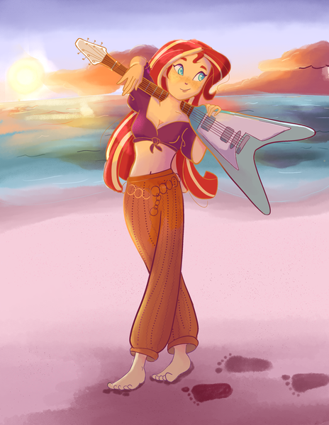 Size: 2550x3300 | Tagged: safe, artist:pettypop, derpibooru import, sunset shimmer, equestria girls, barefoot, beach, belly button, breasts, cleavage, electric guitar, feet, female, flying v, footprints, freckles, guitar, musical instrument, ocean, solo, sunset, toes, water