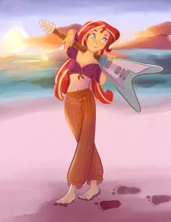 Size: 2550x3300 | Tagged: safe, artist:pettypop, derpibooru import, sunset shimmer, equestria girls, barefoot, beach, belly button, breasts, cleavage, electric guitar, feet, female, flying v, footprints, freckles, guitar, musical instrument, ocean, solo, sunset, toes, water