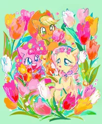 Size: 843x1018 | Tagged: safe, artist:osawari64, derpibooru import, applejack, fluttershy, pinkie pie, earth pony, pegasus, pony, alternate hairstyle, blushing, cute, female, flower, flower in hair, folded wings, green background, mare, open mouth, simple background, smiling, trio, wings