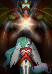 Size: 3541x5016 | Tagged: alicorn, anthro, artist:tinker-tock, big hair, bodysuit, brainwashing, breasts, busty princess celestia, clothes, corrupted, crossover, curvy, derpibooru import, doctor eggman, eggman cutie mark, eggman empire of equestria, evening gloves, eyeshadow, female, fetish, gloves, hands behind back, hourglass figure, latex, latex suit, lipstick, long gloves, long tail, looking at you, makeup, menacing, mind control, pose, princess celestia, purple eyeshadow, purple lipstick, red eyes, robot, rubber, rubber suit, socks, solo, solo female, sonic the hedgehog (series), spread wings, suggestive, thigh highs, thighs, wings