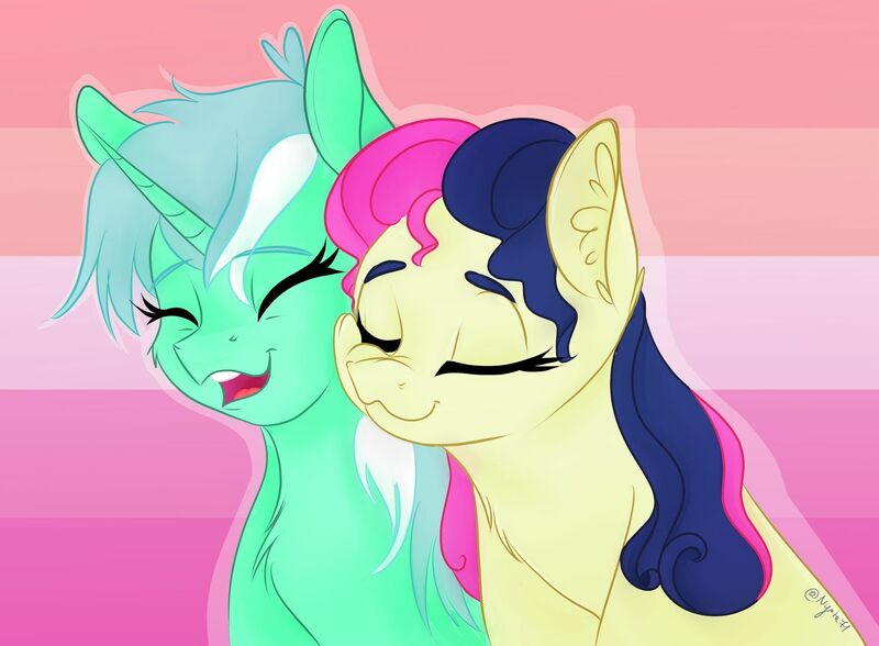 Size: 1920x1410 | Tagged: safe, artist:nyota71, derpibooru import, bon bon, lyra heartstrings, sweetie drops, earth pony, pony, unicorn, curly hair, cute, eyes closed, female, laughing, lesbian, lesbian pride flag, lesbian visibility day, lyrabon, mare, messy mane, pride, pride flag, shipping, smiling, snuggling