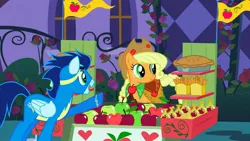 Size: 1280x720 | Tagged: safe, derpibooru import, screencap, applejack, soarin', earth pony, pegasus, the best night ever, clothes, dress, female, gala dress, goggles, male, stallion, uniform, wonderbolts uniform