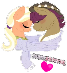 Size: 255x277 | Tagged: safe, artist:shootingstaryt, derpibooru import, mane allgood, snap shutter, earth pony, pegasus, pony, blushing, clothes, cute, eyes closed, female, hat, heart, male, maneshutter, mare, scarf, shared clothing, shared scarf, shipping, shirt, simple background, stallion, straight, transparent background