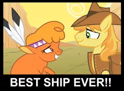Size: 864x632 | Tagged: safe, derpibooru import, edit, edited screencap, screencap, braeburn, little strongheart, buffalo, earth pony, pony, over a barrel, best ship, best ship ever, braeheart, cropped, female, interspecies, male, shipping, straight