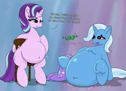 Size: 2869x2072 | Tagged: suggestive, artist:woodsideworks, derpibooru import, starlight glimmer, trixie, pony, unicorn, abstract background, beanbrows, belly, belly button, big belly, blushing, burp, chair, dialogue, duo, eyebrows, fat, female, females only, high res, lip bite, one eye closed, starlard glimmer, stomach noise, stuffed, the great and bountiful trixie, underhoof