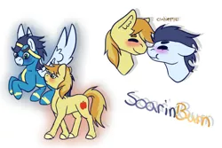 Size: 575x385 | Tagged: safe, artist:shootingstaryt, derpibooru import, braeburn, soarin', earth pony, pegasus, pony, blushing, boop, clothes, eyes closed, flying, gay, goggles, male, noseboop, shipping, simple background, soarburn, stallion, uniform, white background, wonderbolts uniform