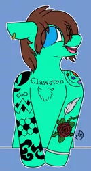 Size: 1661x3101 | Tagged: safe, artist:magmatic, derpibooru import, oc, oc:canvas, unofficial characters only, earth pony, chest fluff, colored, commission, ear piercing, flat colors, hoof ring, owo, piercing, smiling, solo, tattoo