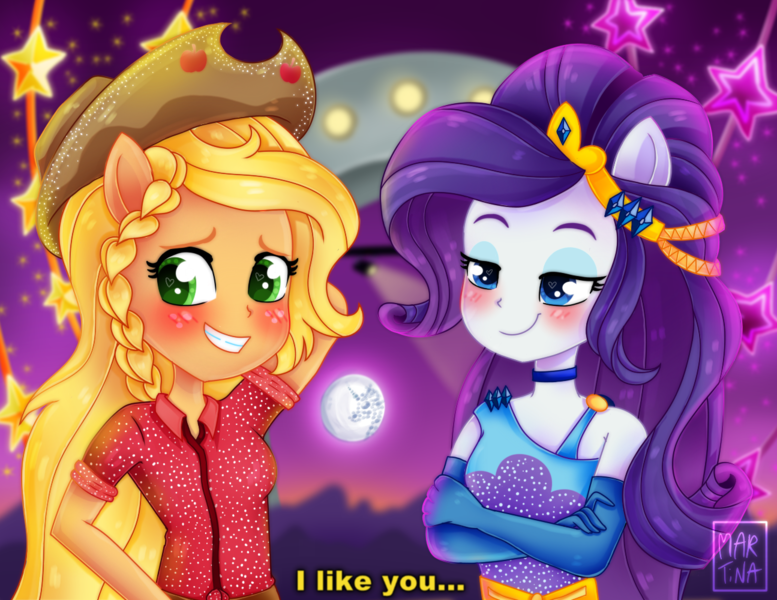 Size: 1295x1000 | Tagged: safe, artist:meqiopeach, derpibooru import, applejack, nightmare moon, rarity, equestria girls, equestria girls series, rollercoaster of friendship, apple, art, artist, blushing, complex background, diamonds, drawing, fanart, female, food, friendship, full background, lesbian, light, love, my little pony, ponied up, purple, rarijack, shiny, ship, shipping, shy, sparkles, stars, super ponied up, text