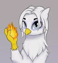 Size: 2614x2846 | Tagged: safe, artist:misty horyzon, derpibooru import, oc, oc:mira, unofficial characters only, gryphon, chest fluff, female, fire, griffon magic, looking at you, magic, simple background