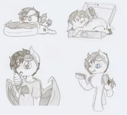 Size: 1280x1159 | Tagged: safe, artist:ravenpuff, deleted from derpibooru, derpibooru import, oc, unofficial characters only, anthro, pony, anthro with ponies, box, chest fluff, chibi, chubby, clothes, donut, female, food, food baby, goggles, hoof hold, hot dog, ice cream, ice cream cone, licking, mare, meat, micro, partial color, ponies eating meat, pony in a box, sausage, slit eyes, starry eyes, steak, tongue out, traditional art, wingding eyes