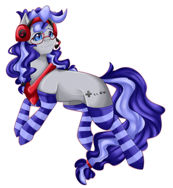 Size: 4143x4498 | Tagged: safe, artist:crecious, derpibooru import, oc, oc:cinnabyte, unofficial characters only, earth pony, pony, adorkable, bandana, clothes, cute, dork, female, gaming headset, glasses, headset, mare, simple background, smiling, socks, solo, striped socks, transparent background