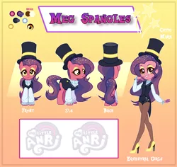 Size: 3248x3061 | Tagged: safe, artist:anri, derpibooru import, oc, oc:meg spangles, unofficial characters only, earth pony, pony, equestria girls, bedroom eyes, clothes, coat, equestria girls-ified, eyeshadow, female, hat, high heels, magician, magician outfit, makeup, mare, multicolored hair, pantyhose, reference sheet, shirt, shoes, shorts, socks, solo, top hat