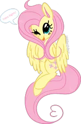 Size: 1341x2040 | Tagged: safe, alternate version, artist:kiddinsdeluxe, derpibooru import, fluttershy, pegasus, cute, mouthpiece, one eye closed, shyabetes, simple background, solo, speech bubble, transparent background, trans rights, wings, wink