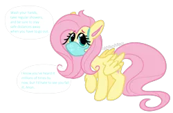 Size: 2223x1446 | Tagged: safe, artist:kiddinsdeluxe, derpibooru import, fluttershy, pegasus, pony, coronavirus, covid-19, dialogue, one leg raised, ppe, simple background, solo, standing, talking to viewer, transparent background, worried