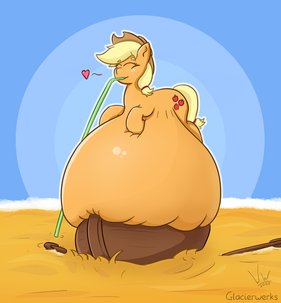 Size: 2116x2284 | Tagged: questionable, artist:glacierwerks, artist:woodsideworks, derpibooru import, applejack, earth pony, pony, abstract background, apple juice, belly, belly bed, belly expansion, belly inflation, big belly, boat, collaboration, drinking, drinking straw, eyes closed, female, floating heart, growth, heart, high res, huge belly, impossibly large belly, inflation, juice, oar, solo, squishy, that pony sure does love cider