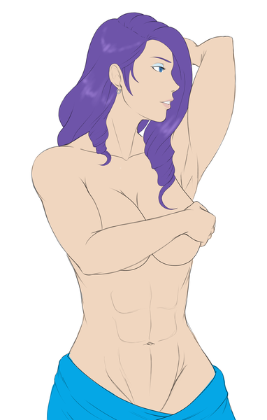 Size: 1970x3093 | Tagged: abs, armpits, artist:eve-ashgrove, belly button, breasts, busty rarity, clothes, covered nipples, covering, derpibooru import, female, handbra, human, humanized, muscles, muscular female, partial nudity, questionable, rarity, ripped rarity, simple background, solo, solo female, topless, white background