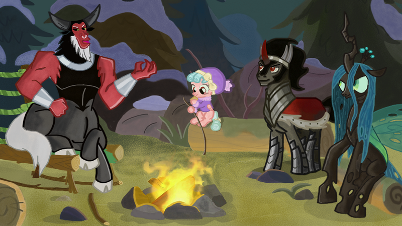 Size: 1280x720 | Tagged: safe, artist:secury, derpibooru import, cozy glow, king sombra, lord tirek, queen chrysalis, centaur, changeling, changeling queen, pegasus, pony, unicorn, frenemies (episode), alternate scenario, campfire, colored, female, fire, legion of doom, male, nose piercing, piercing, stallion