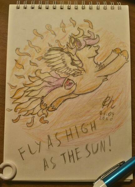 Size: 2997x4159 | Tagged: safe, derpibooru import, scootaloo, pegasus, pony, female, filly, icarus, iron maiden, scootaloo can fly, singing, sun, traditional art