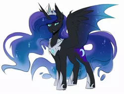 Size: 1250x950 | Tagged: safe, artist:its-gloomy, derpibooru import, nightmare moon, alicorn, bat pony, bat pony alicorn, pony, bat wings, crown, fangs, female, horn, hybrid wings, jewelry, looking at you, mare, regalia, simple background, slit eyes, solo, white background, wings