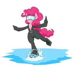 Size: 1000x1000 | Tagged: safe, artist:dendollae, derpibooru import, pinkie pie, earth pony, pony, bipedal, chest fluff, clothes, female, flippers, goggles, mare, seaglide, simple background, solo, standing, standing on one leg, subnautica, transparent background, water, wetsuit