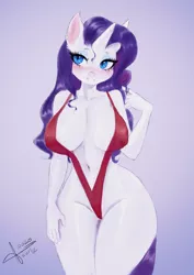 Size: 1448x2048 | Tagged: suggestive, artist:mrscurlystyles, derpibooru import, rarity, anthro, unicorn, absolute cleavage, belly button, big breasts, bikini, blushing, breasts, busty rarity, cleavage, clothes, curvy, erect nipples, female, hourglass figure, lidded eyes, mare, nipple outline, playing with hair, sling bikini, solo, solo female, swimsuit