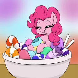 Size: 1050x1050 | Tagged: safe, artist:dendollae, derpibooru import, pinkie pie, earth pony, pony, blurred background, bowl, candy, candy bowl, cute, diapinkes, eating, eyes closed, female, food, mare, ponies in food, solo