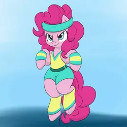 Size: 1280x1280 | Tagged: safe, artist:dendollae, derpibooru import, pinkie pie, earth pony, pony, a friend in deed, clothes, cute, diapinkes, female, leg warmers, mare, shorts, solo, sweatband, workout outfit, wristband