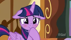 Size: 1280x720 | Tagged: safe, derpibooru import, screencap, twilight sparkle, twilight sparkle (alicorn), alicorn, pony, cakes for the memories, spoiler:cakes for the memories, spoiler:mlp friendship is forever, 9go, australia, blushing, cute, embarrassed, female, floppy ears, mare, smiling, solo, sugarcube corner, twiabetes