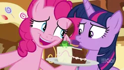 Size: 1280x720 | Tagged: 9go, alicorn, australia, cake, cakes for the memories, derpibooru import, food, frog, pinkie pie, safe, screencap, smiling, spoiler:cakes for the memories, spoiler:mlp friendship is forever, sugarcube corner, twilight sparkle, twilight sparkle (alicorn)