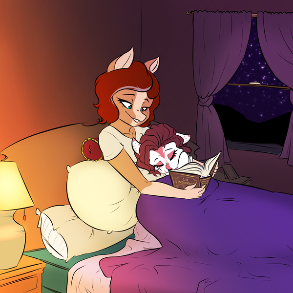 Size: 2540x2540 | Tagged: safe, artist:xxmarkingxx, derpibooru import, oc, oc:ember rose, oc:honeycrisp meadow, unofficial characters only, anthro, dracony, dragon, earth pony, hybrid, anthro oc, bed, bedtime story, book, clothes, commission, digital art, earth pony oc, female, gift art, grandmother and grandchild, grandmother and granddaughter, image, lamp, png, sleeping, window