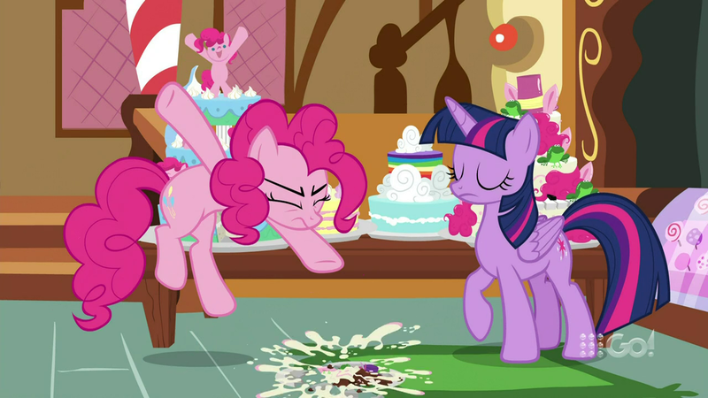 Size: 1280x720 | Tagged: 9go, alicorn, australia, bipedal, cake, cakes for the memories, derpibooru import, food, frog, pinkie pie, safe, screencap, spoiler:cakes for the memories, spoiler:mlp friendship is forever, throwing, twilight sparkle, twilight sparkle (alicorn)