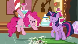 Size: 1280x720 | Tagged: 9go, alicorn, australia, bipedal, cake, cakes for the memories, derpibooru import, food, frog, pinkie pie, safe, screencap, spoiler:cakes for the memories, spoiler:mlp friendship is forever, throwing, twilight sparkle, twilight sparkle (alicorn)