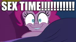 Size: 1280x720 | Tagged: 9go, australia, bed, cakes for the memories, caption, derpibooru import, edit, edited screencap, excessive exclamation marks, i came, image macro, imminent sex, implied sex, lip bite, looking at you, pinkie pie, screencap, spoiler:cakes for the memories, spoiler:mlp friendship is forever, suggestive, text