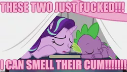Size: 1280x720 | Tagged: suggestive, derpibooru import, edit, edited screencap, editor:useraccount, screencap, pinkie pie, spike, starlight glimmer, dragon, earth pony, unicorn, cakes for the memories, spoiler:cakes for the memories, spoiler:mlp friendship is forever, 9go, australia, book, caption, excessive exclamation marks, female, image macro, implied cum, implied sex, male, scrapbook, shipping, sleeping, sparlight, straight, text, vulgar, winged spike