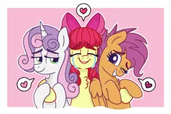 Size: 2250x1507 | Tagged: safe, artist:pink-pone, derpibooru import, apple bloom, scootaloo, sweetie belle, earth pony, pegasus, pony, unicorn, chest fluff, crying, cute, cutie mark crusaders, female, heart, hug, older, older apple bloom, older cmc, older scootaloo, older sweetie belle, redraw, simple background, smiling, tears of joy, teary eyes