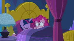 Size: 824x462 | Tagged: alicorn, bed, cakes for the memories, context is for the weak, derpibooru import, i came, lip bite, out of context, pinkie pie, safe, screencap, sleeping, spoiler:cakes for the memories, spoiler:mlp friendship is forever, twilight sparkle, twilight sparkle (alicorn)